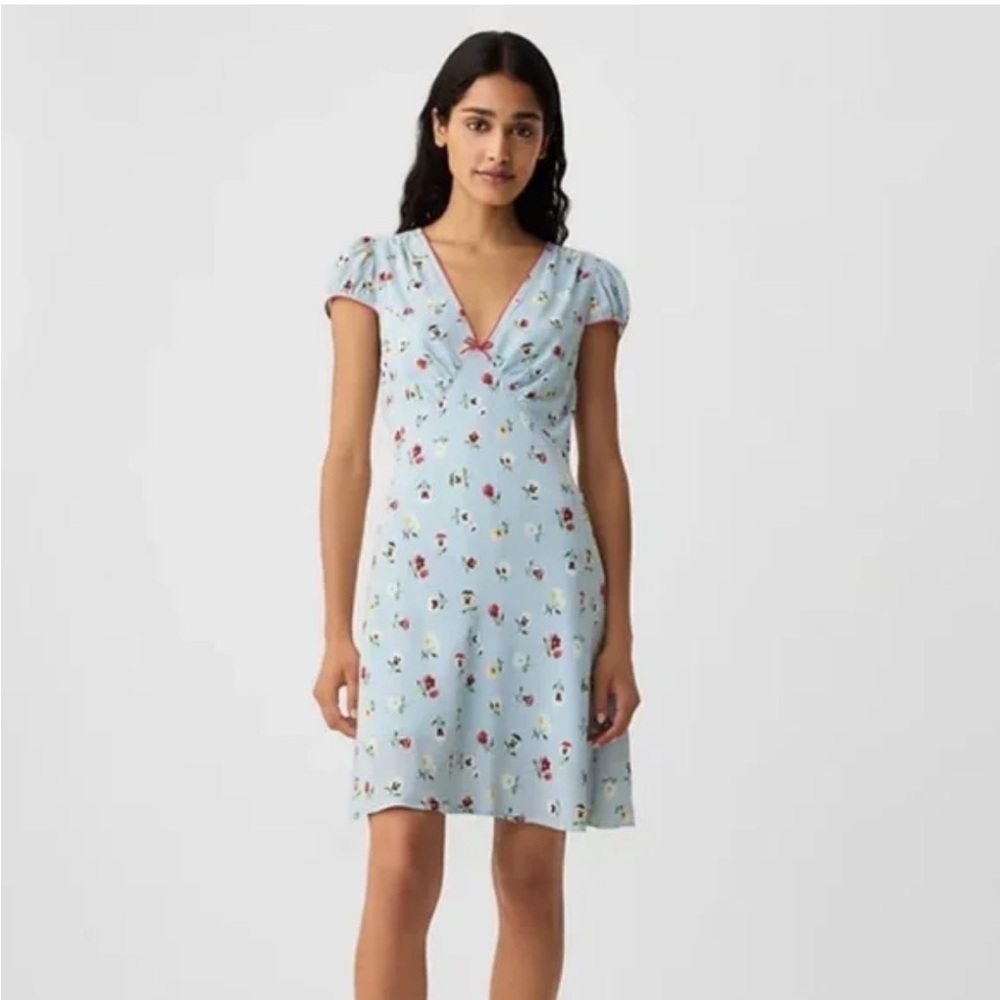 Gap X Doen Light Blue Flower Printed Short Dress with Red Piping V Neck Size 14
